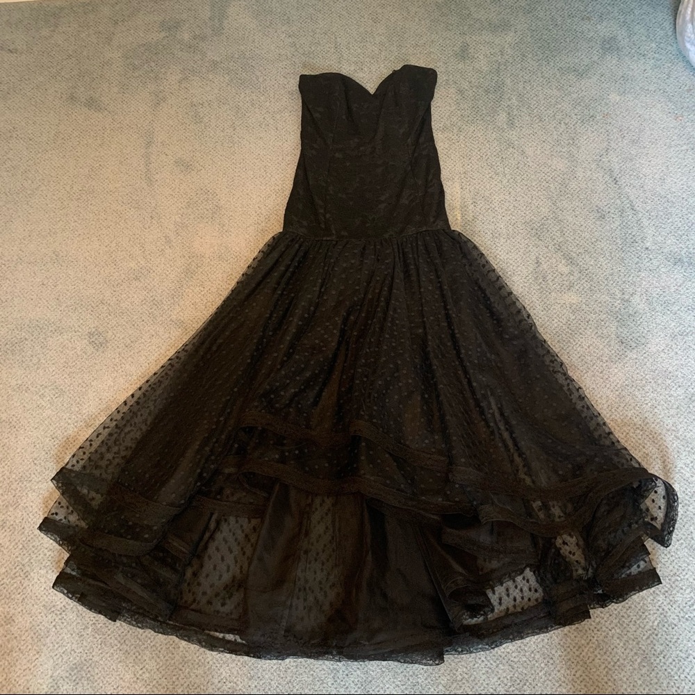 Winston Black Lace Strapless Gown with Polka Dot Tulle